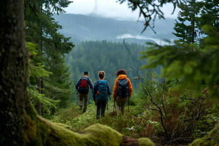 Group of hikers with backpacks walking on the trail in the mountainsの素材