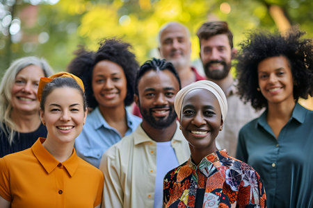 Multi ethnic group of people standing in a row, smiling and looking at the camera.の素材