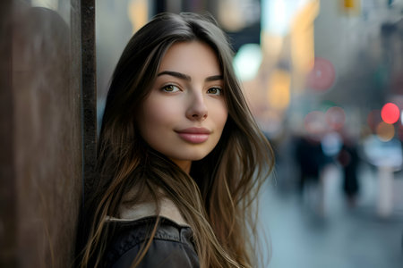 Portrait of a beautiful young woman with long hair in the city.の素材