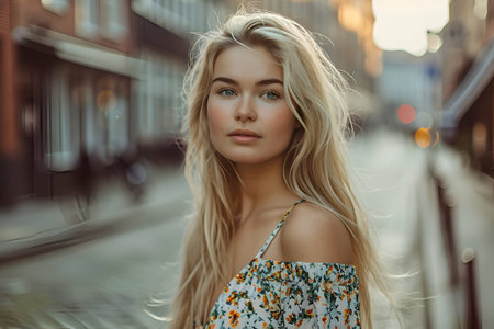 Portrait of a beautiful blonde girl in a summer dress on the street.の素材
