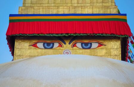 Close up of eyes at Boudhanath stupa, Kathmandu, Nepalの写真素材