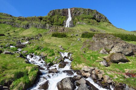 Beautiful Bjarnarfoss waterfall in summer, near Budir, Sn fellsnes, Iceland, Europeの写真素材