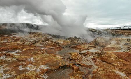 Steaming Gunnuhver hot springs at Reykjanes peninsula, Iceland. Aerial view shot by drone camera.の写真素材