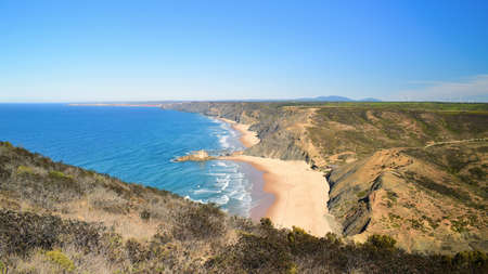 Atlantic ocean and Praia do Castelejo beach from the Torre de Aspa viewpoint, Vincentina Coast,...