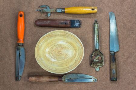 kitchen utensils on brown backgroundの写真素材
