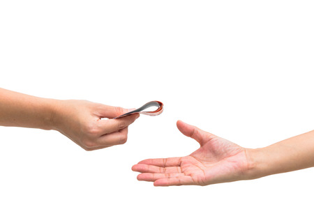 hands and palms isolated on white background with one bank note の写真素材