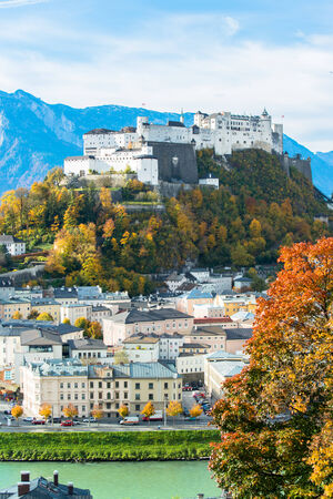 Panoramic view of the historic city of Salzburg with Fortress Hohensalzburg in the background  in Salzburg, Austriaのeditorial素材