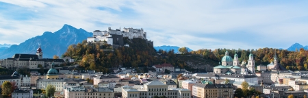 Panoramic view of the historic city of Salzburg with Fortress Hohensalzburg in the background  in Salzburg, Austriaのeditorial素材