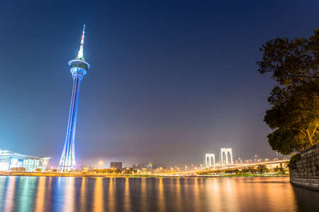 Macau tower, the famous landmark of Macau with the illumination shows のeditorial素材