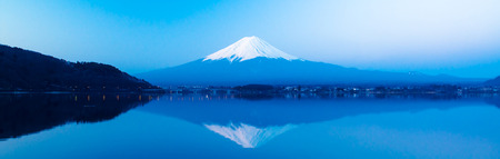 Panoramic view of Mt  Fuji rises above Lake Kawaguchi の写真素材