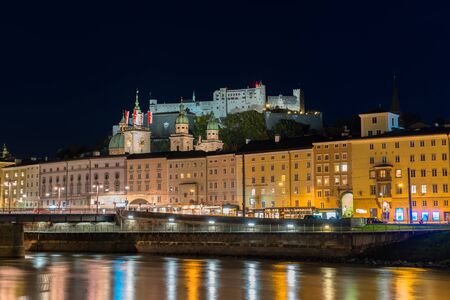 Night view of Salzburg old town, Austriaのeditorial素材
