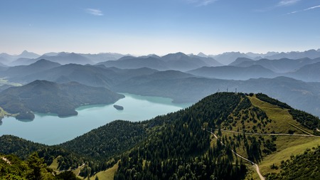 Outlook on Walchensee, mountain lake and forestの写真素材