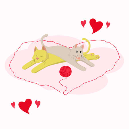 Cats valentine vector illustration. Valentine's Day cute illustration. Cats with wool ball.のイラスト素材