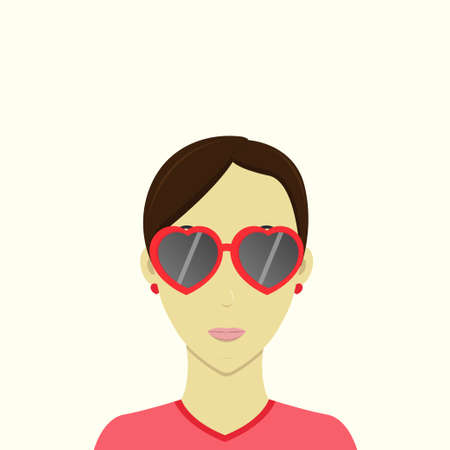 woman with heart shape fashion sunglasses vector illustration. Short hair. Flat design style. White background.のイラスト素材