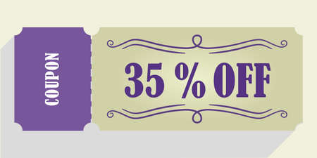 35% off vector coupon. thirty five percent discount coupon. Purple and beige colors. Perforated...