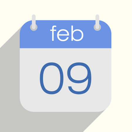 february 9th calendar vector illustration. february ninth. Blue and gray colors. Drop shadow. Flat design style.のイラスト素材
