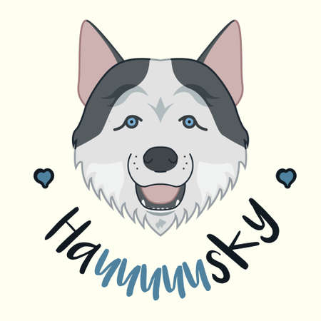 Husky face vector illustration. Cute dog with tongue out. Black and white colors. blue eyes. White background.のイラスト素材