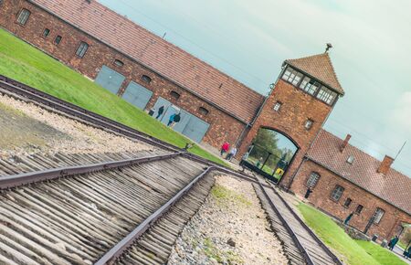 Oswiencim, Poland - September 21, 2019: Railway leading to main entrance of Auschwitz Birkenau concentration camp, museum nowadays, Polandのeditorial素材