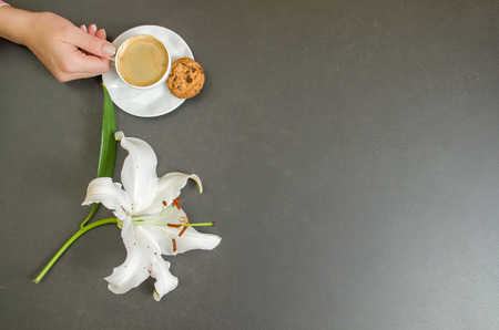 Breakfast from above with espresso, flower and cookies on gray table for various backgrounds.の写真素材