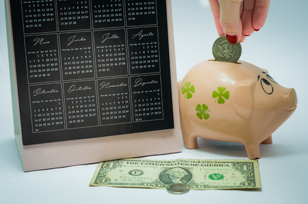 Great concept of economy, calendar, piggy bank, Euro money notes. Woman hand inserting coin into the piggy bank.の写真素材
