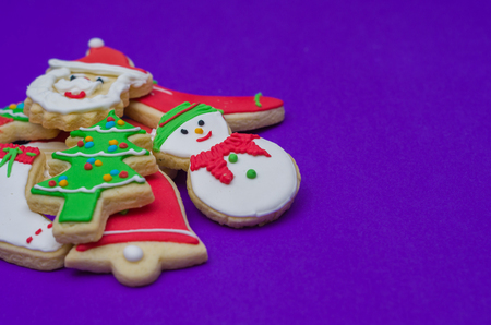 Great christmas background, christmas biscuits on white plate with blue backgroundの写真素材