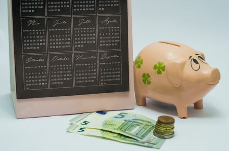 Great concept of economy, calendar, piggy bank, Euro money notes. Woman hand inserting coin into the piggy bank.の写真素材