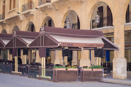 Beirut, Lebanon, April 03 - 2017: New Beirut city center with coffee shop on sidewalks.のeditorial素材