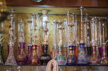 Tripoli, Lebanon, April 09 - 2017: Shelf with traditional Arguiles (Narghile, Shisha, Chicha, hookah), used for smoking tobacco, widely, very widespread throughout the Middle East.のeditorial素材