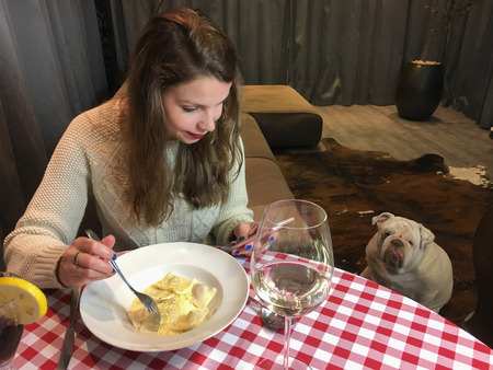 Woman using smartphone at dinner, looking pet.の写真素材