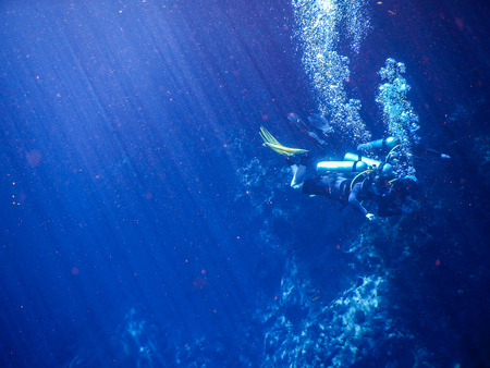 Practicing diving and snorkeling, mysterious lagoon, beautiful lagoon of transparent turquoise blue water, located in the city of Bonito, Mato Grosso do Sul, Brazilの写真素材