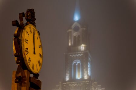 St. Peter the Apostle Mother Church (Igreja Matriz SÃ£o Pedro ApÃ³stolo) and famous thermometer in night lighting - Gramado, Rio Grande do Sul, Brazilの写真素材