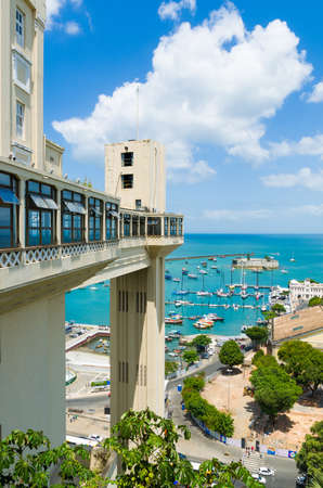 View of the Lacerda Elevator and the Todos os Santos Bay in Salvador, Bahia, Brazil.のeditorial素材