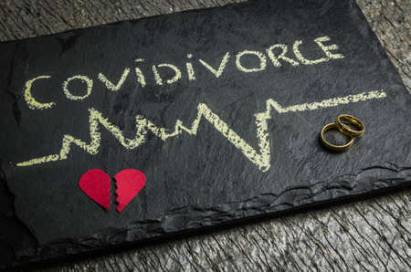 Great concept of divorce in quarantine due to the 2019 coronavirus pandemic. Plaque written "COVIDIVORCE" in reference to divorces caused by human relationships during quarantine.の写真素材