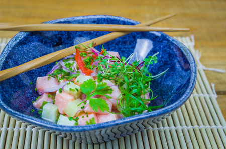 Beautiful decorated ceviche dish. Premium Peruvian food.
