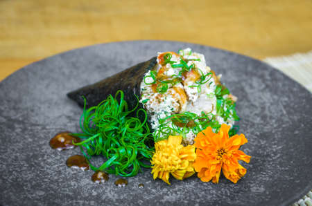 Sushi sushi. Traditional Japanese cuisine, premium Temaki of shrimp.の写真素材
