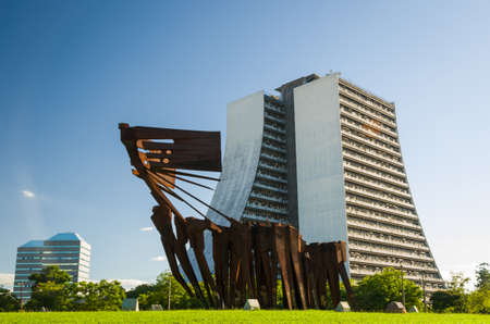 Porto Alegre, Rio Grande do Sul, Brazil, March 29 - 2021: Beautiful photograph of the square of the Azoreans, bridge and monument to the Azoreans on a sunny day.のeditorial素材
