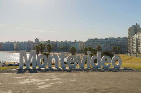 Montevideo, Uruguay - 11th January 2022 - Montevideo sign on Pocitos beach, a very busy place for tourists in Uruguay.のeditorial素材