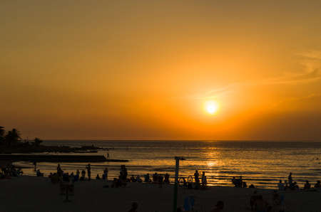 Montevideo, Uruguay - 11th January 2022 - Beautiful sunset on Ramires beach with bathers on a summer day in Montevideo Uruguay.のeditorial素材