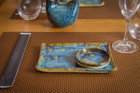Beautiful empty table with utencils for serving sushi, japanese food.の写真素材