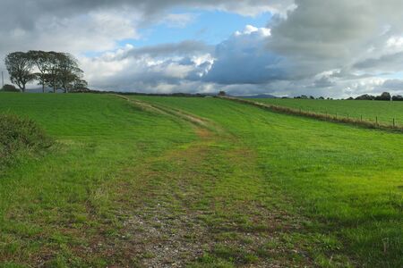 A farmers field in north Wales on an Autumn afternoon.  A storm is passing but dark and heavy clouds are still in the sky.   The seasons are changing, and nature shows a new beauty.の写真素材