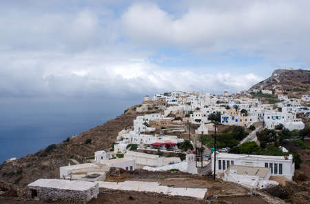 Sikinos island, Greece Beautiful remote location with stunning views over the deep blue Aegean sea  Landscape view to the old village, the Kastro, perched on cliffs looking to the horizon  Blue sky - copy spaceの写真素材