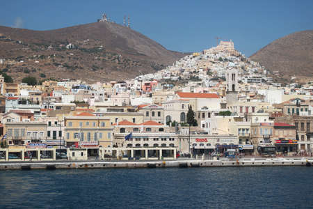 Syros island - Greece - September 11 2015 : View of the elegant city of Ermoupoli from the sea. Landscape aspect shot.のeditorial素材
