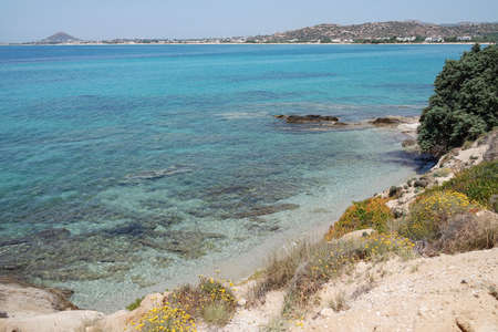 Naxos island Greece Beautiful seascape over crystal clear blue waters to distant beaches Mikri Viglia village on sandy south west coast Copy spaceの写真素材