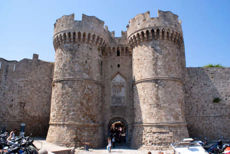 Rhodes - Greece - August 19 2009 : Dramatic and imposing entrance to the palace of the Grand Masters  Defensive walls Landscape aspect shot with copy spaceのeditorial素材