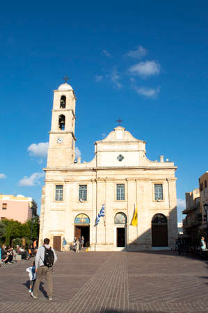 Chania, Crete - Greece - October 20 2021 :  Cathedral of the Virgin Mary Elegant, historic building on Athinagora Square  Vertical shot with copy spaceのeditorial素材
