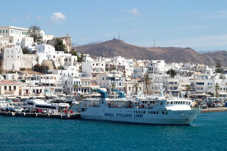 Naxos island - Greece - September 21 2009 :  Beautiful historic port. A sunny summer landscape.  Blue sky and copy space.のeditorial素材