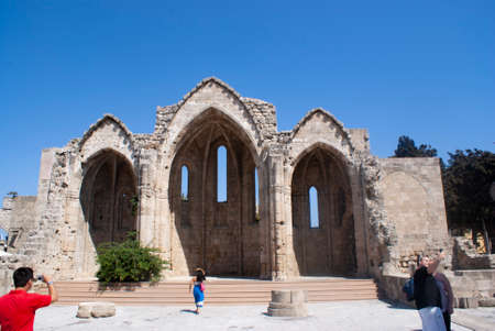 Rhodes - Greece - September 10 2010 : Basilica of the Panagia, old town. Ruins of the church of the virgin of the burgh.  Landscape aspect shot.  Copy space.のeditorial素材