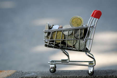 shopping cart online full of money on white background, Saving money Concept. Red shopping cart or trolley with coin. (Thai money).の写真素材