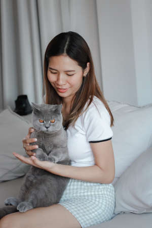 Happy beautiful young brunette woman holding and hugging her cute British shorthair cat on couch.の写真素材