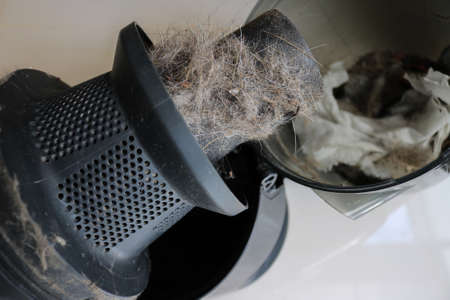 Vacuum cleaner and garbage container. Full Vacuum cleaner with dust and dirt on the floor. Indoor cleaning. Household chores or cleaning company. Selective focus. close up.の写真素材